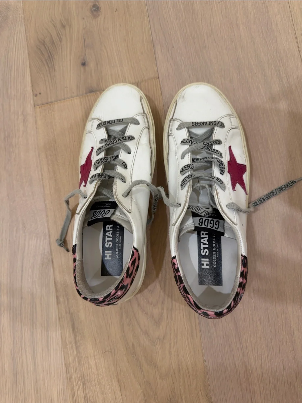 Golden Goose White Leather Sneakers with Pink Star and Pink Leopard Heel Tab